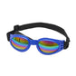 Blue dog sunglasses, rainbow mirrored lenses, front view with black elastic strap
