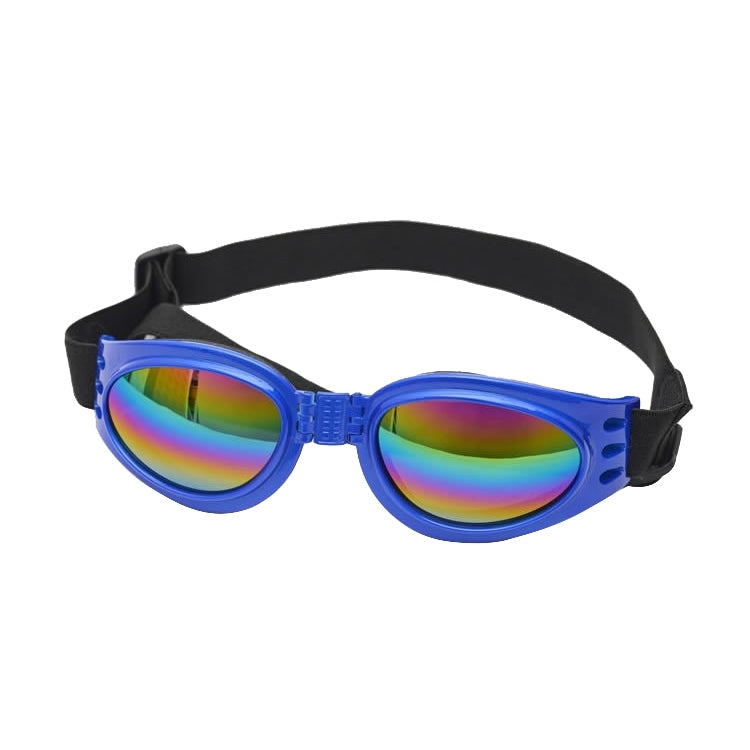 Blue dog sunglasses, rainbow mirrored lenses, front view with black elastic strap