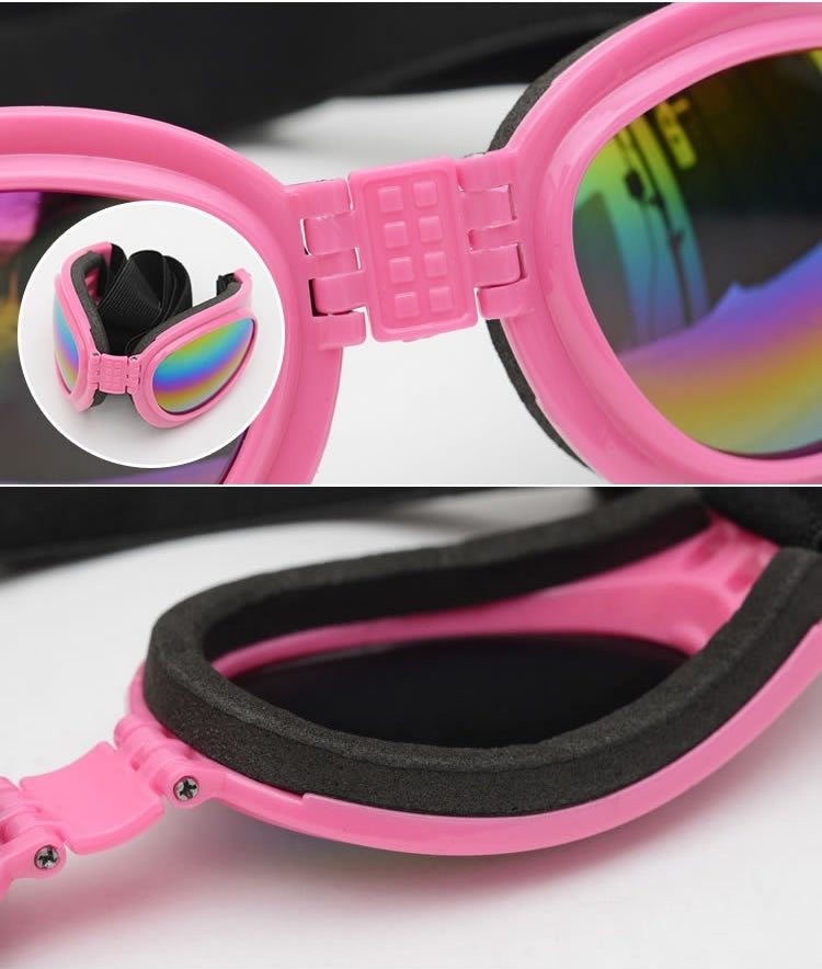Pink dog sunglasses close-up, black strap and rainbow mirrored lenses on curved frame
