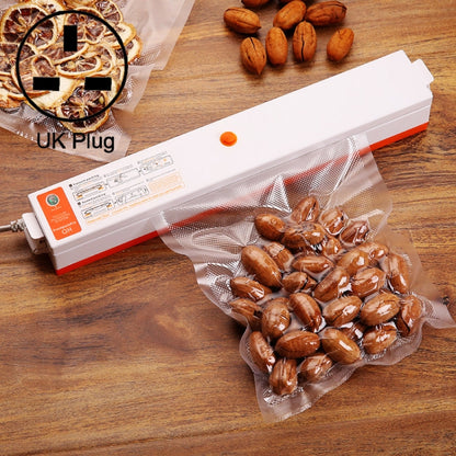 Orange-and-white vacuum sealer with clear bag filled with nuts