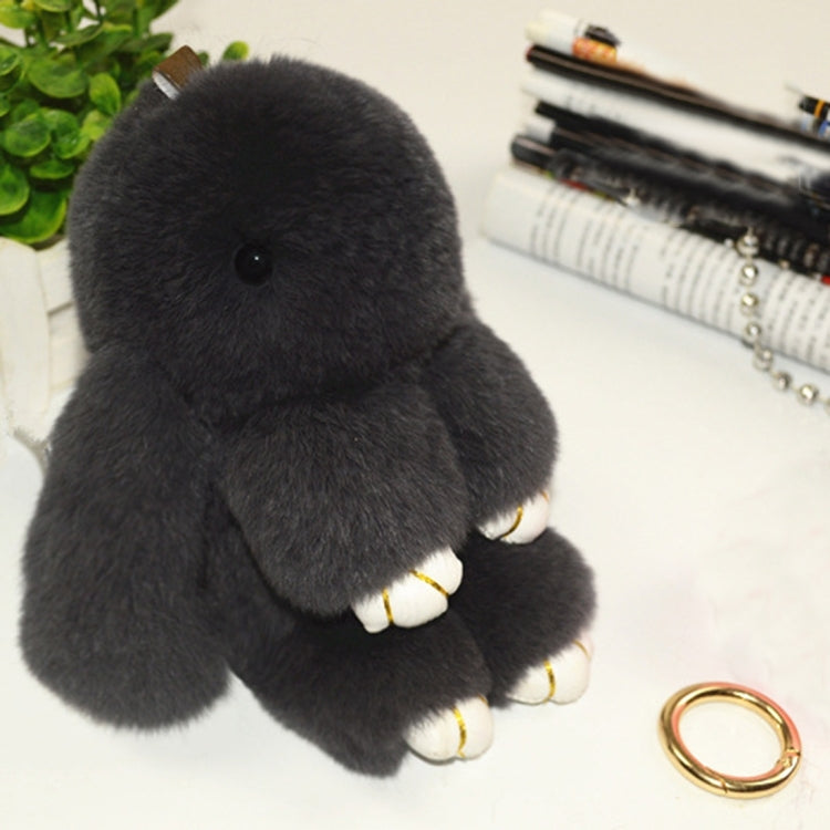 Black rex rabbit plush doll keychain pendant with small gold-tone key ring