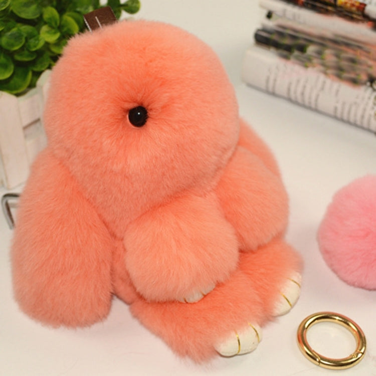 Coral pink rex rabbit plush doll keychain pendant with gold-tone key ring