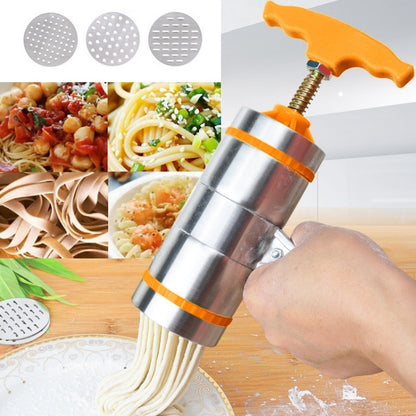 Handheld stainless noodle pressing machine with orange handle, dispensing noodle strands