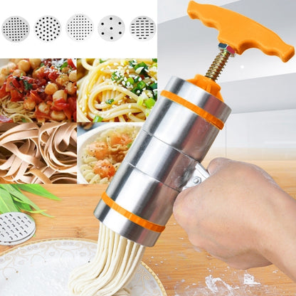 Handheld stainless noodle press with orange handle, extruding pale noodles onto a plate