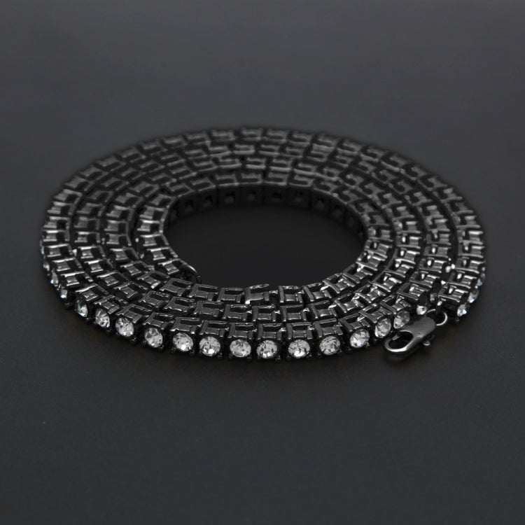 Black rhinestone link chain necklace with small square settings and clasp detail