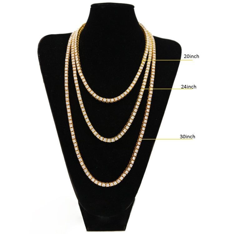 Gold-tone rhinestone chain necklace on mannequin bust, multi-length display
