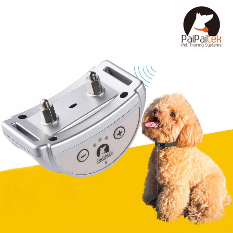 Silver anti-bark dog training collar receiver, close-up with controls