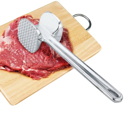 Metal meat tenderizer hammer with textured face, long handle for steak and pork