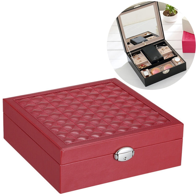 Purplish red wooden jewelry box with quilted lid and silver front lock
