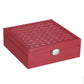 Purplish red wooden jewelry box with quilted top and silver latch