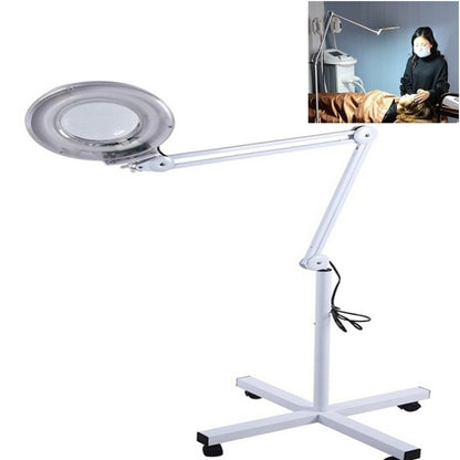 5X foldable swing-arm magnifier lamp with white base and circular lens