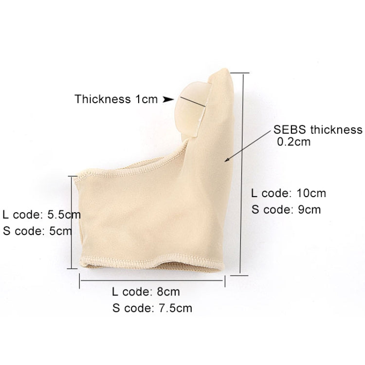 Beige toe brace sleeve showing thickness and size markings for left/right fit.