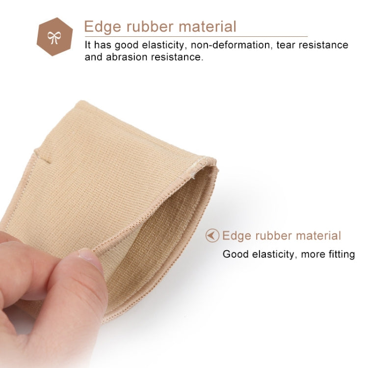 Beige toe thumb protector sleeve with visible edge seam, held in hand, size S