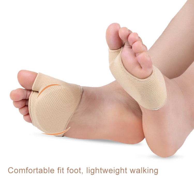 Beige lightweight forefoot toe protectors on feet, padded big-toe area