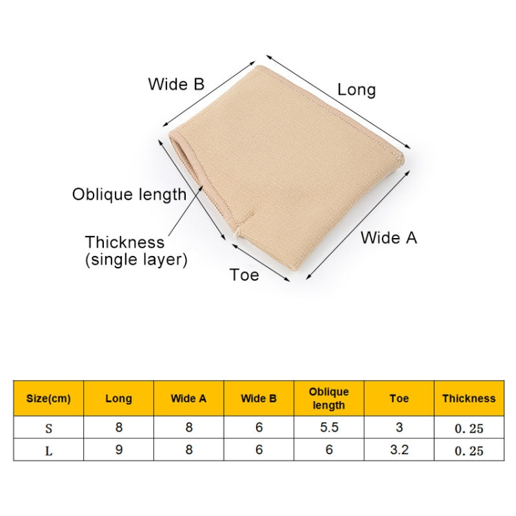 Beige toe protector pad with labeled length and width measurements diagram