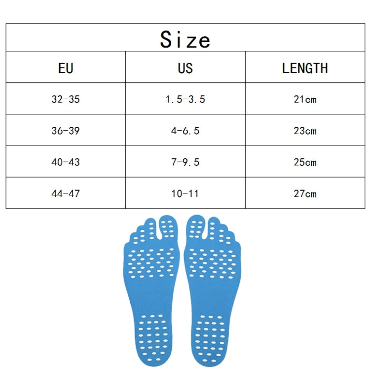Blue anti-slip summer sandal insoles showing size chart and dotted traction