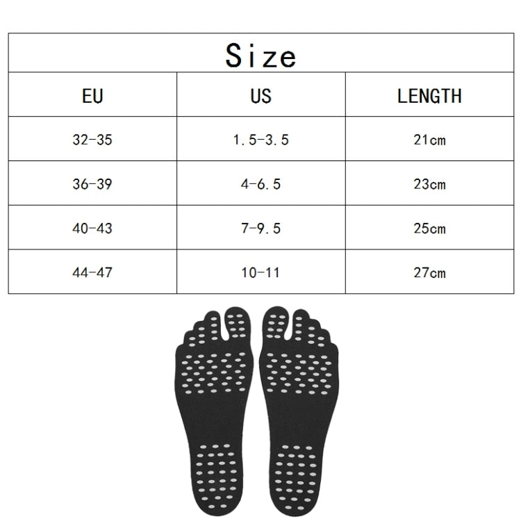 Size chart with pair of black anti-slip sandal insoles, dotted anti-slip footbed