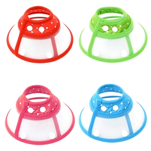 Set of pet neck protective ruff collars in red, green, pink, and blue with clear fronts