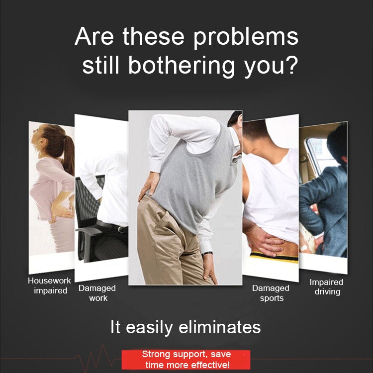 Back traction massage infographic showing spine discomfort icons and support benefits