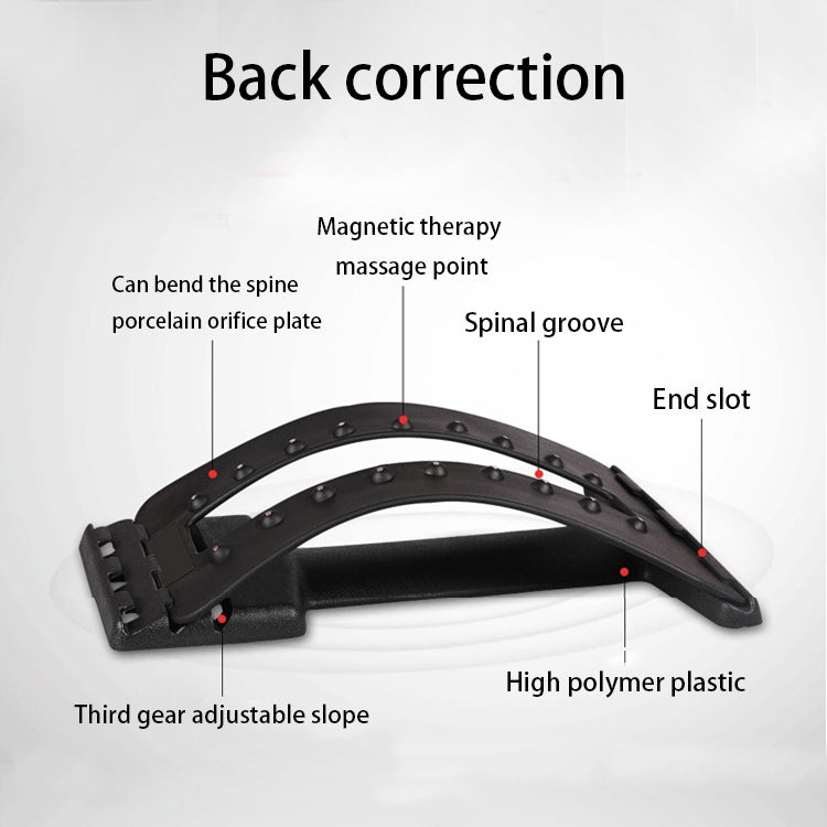 Instruction diagram of black lumbar traction spine stabilizer with labeled end slot
