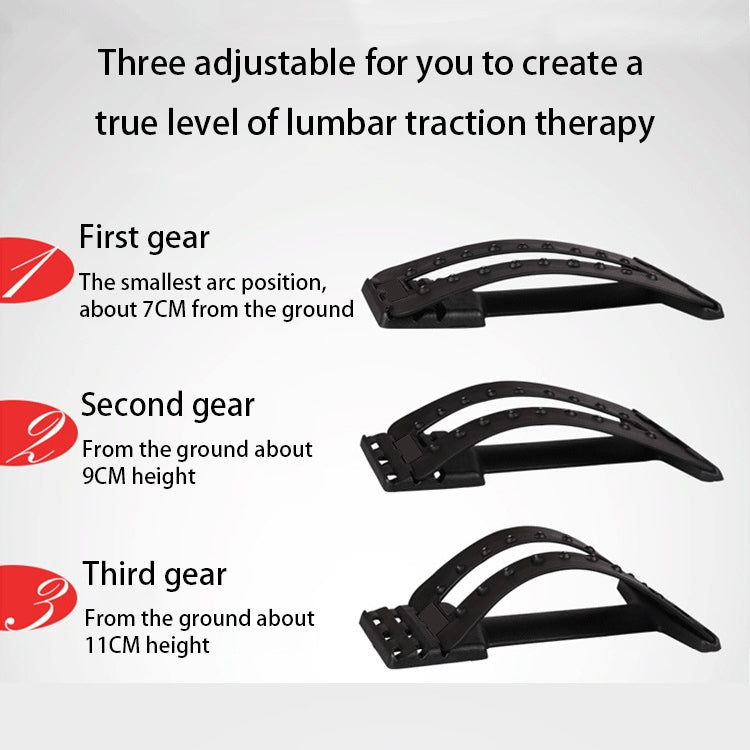 Black lumbar traction brace shown in three adjustable gear height positions