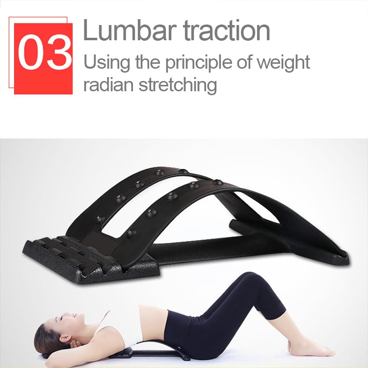 Black lumbar traction brace with magnet points used under reclining position