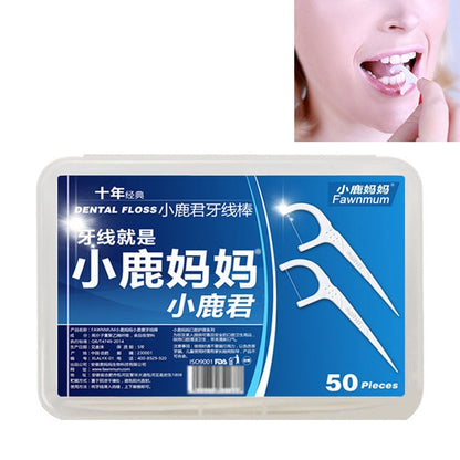 Dental floss toothpick rods in clear-and-blue plastic box, 50 pieces