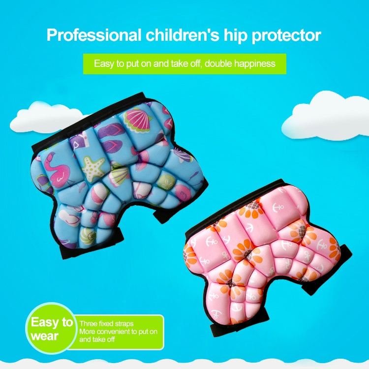 Pink kids padded hip protector shorts with black trim, shown beside blue color option