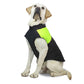 Pet dog ski suit vest with black body and neon green side panel, padded sleeveless