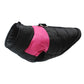 Black padded dog ski suit vest with pink front panel and curved hood opening