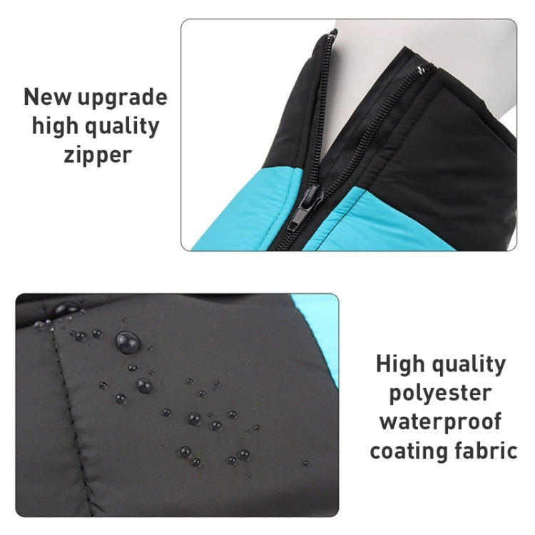 Black dog ski suit vest with blue panel and high-quality zipper; water-resistant coating