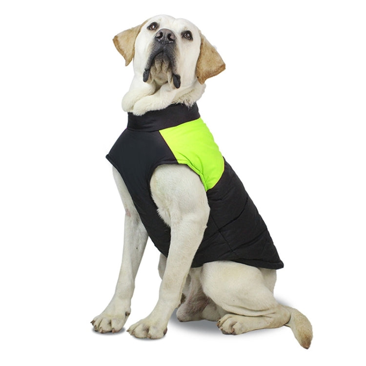 Dog ski suit vest in black and neon green, padded body with arm openings
