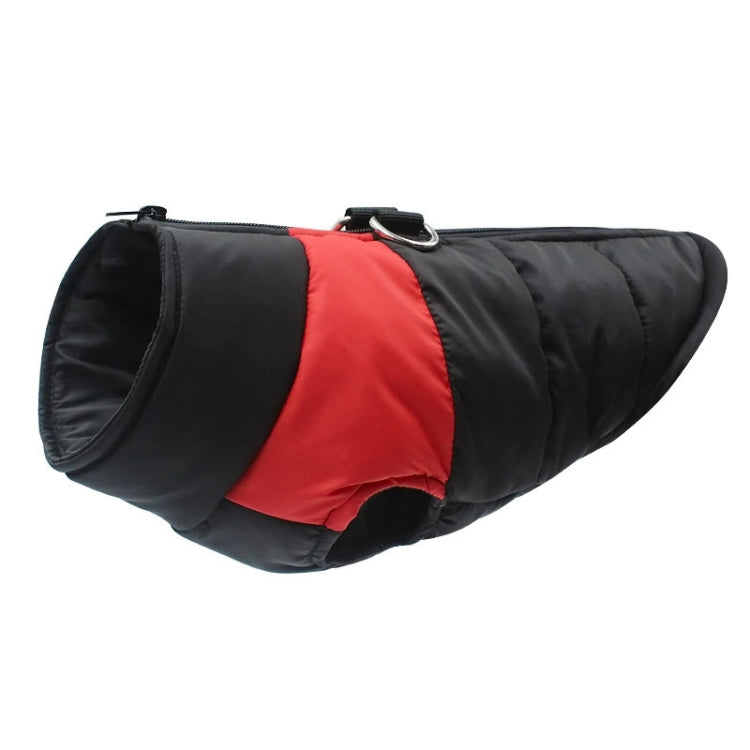 Black and red padded dog ski vest jacket, side view with zipper and strap loops