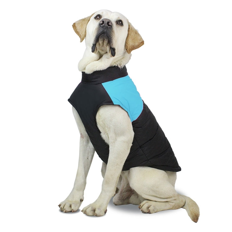 Pet dog ski suit vest in black with blue chest panel, sleeveless padded