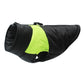 Dog ski suit vest, black padded outer with bright green side panel and hood opening