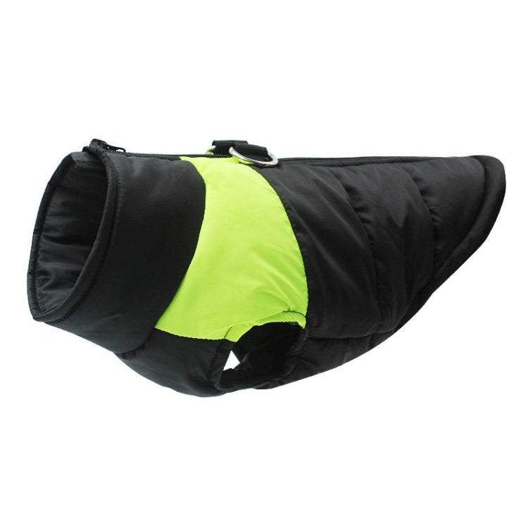 Dog ski suit vest, black padded outer with bright green side panel and hood opening
