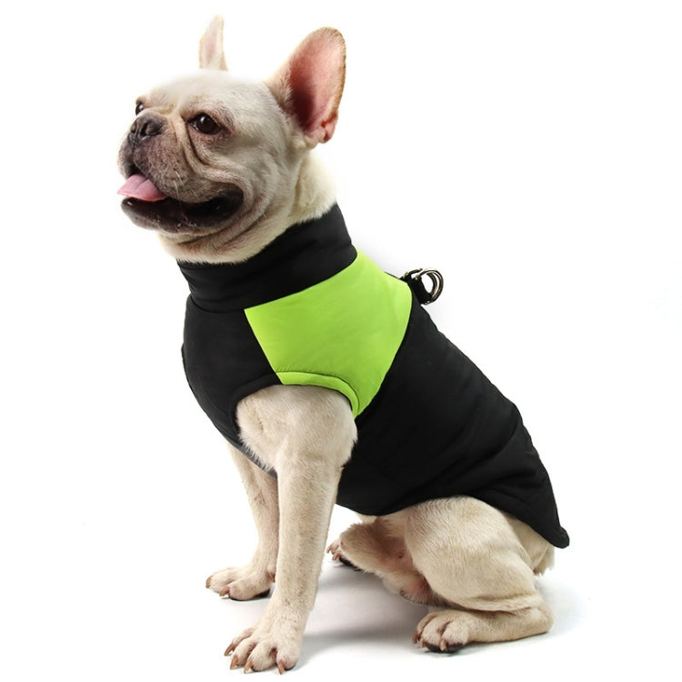 Pet dog ski suit vest, black padded coat with neon green side panel and leash D-ring