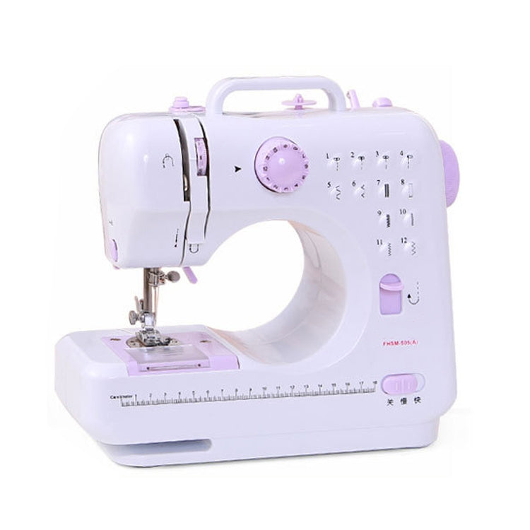 White desktop mini sewing machine with purple stitch dial and front control buttons