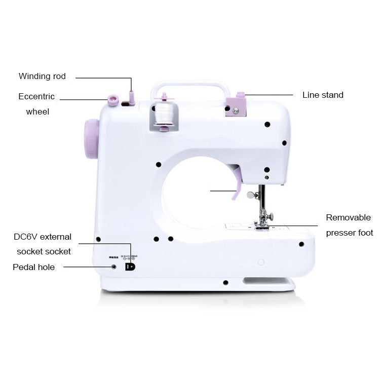 Mini desktop sewing machine side view with removable presser foot and hand wheel