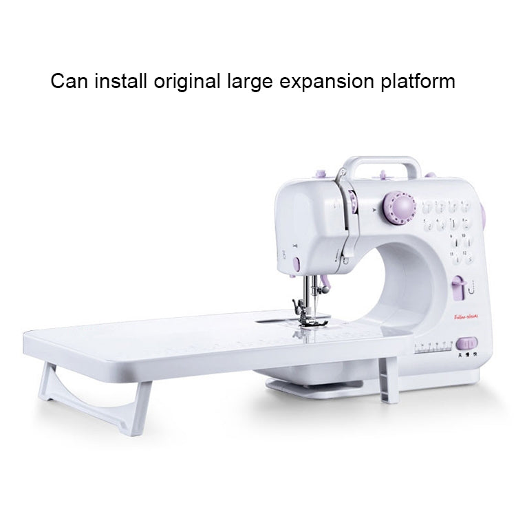 Mini desktop sewing machine with extended table, ready for flat fabric sewing