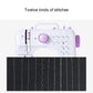Mini desktop sewing machine with stitch dial and visible fabric sample stitch patterns