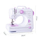 White mini sewing machine with purple stitch dial, ruler scale, and side measurement marks
