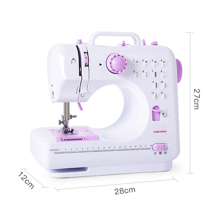 White mini sewing machine with purple stitch dial, ruler scale, and side measurement marks