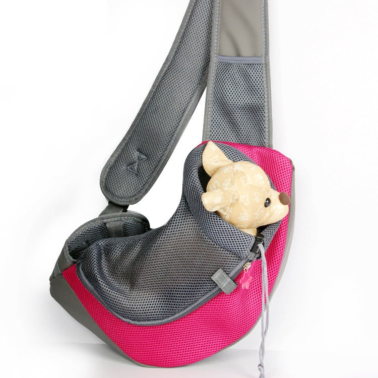 Reversible pet sling carrier with breathable mesh, pink base and gray panels, large size