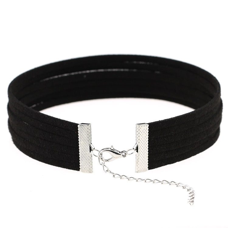 Layered flannel choker necklace, black 6-layer strips with silver chain extension