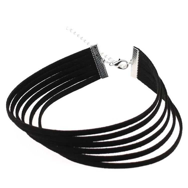 Black 6-layer flannel choker necklace, layered straps with silver clasp