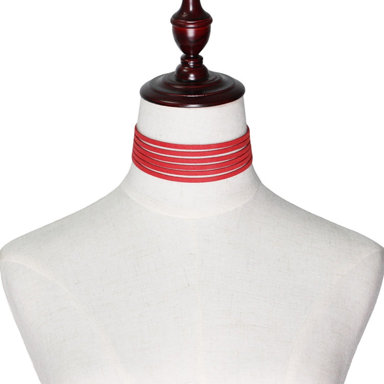 Layered flannel choker necklace, red 6-layer strip design with silver clasp