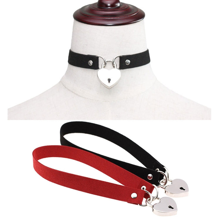 Black suede choker collar with heart love-lock charm and metal clasp