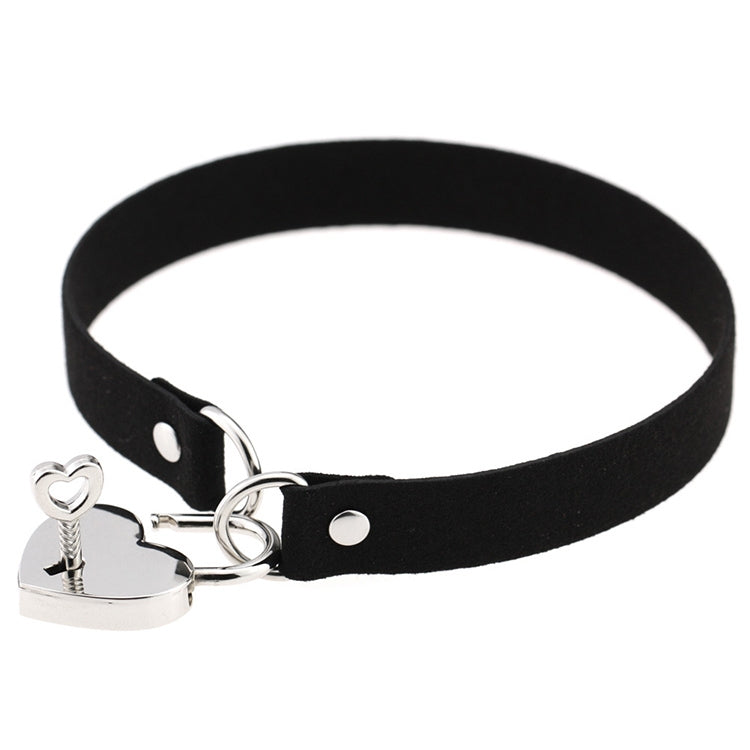 Black fabric choker with round grommets and heart padlock charm