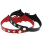 Two-tone bat leather choker collar with metal studs, red and black strap design